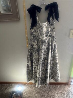 Mac Duggal Cream Midi Dress with Black Floral Toile and Bow Straps